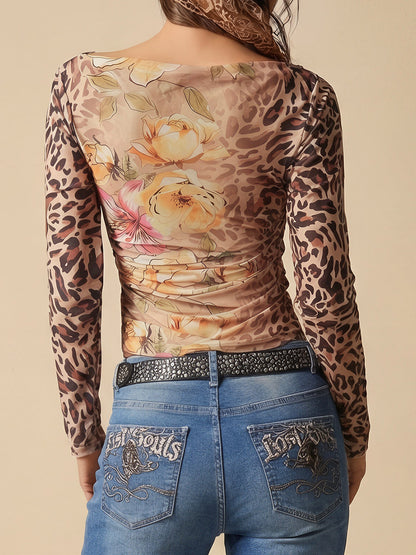 Off-the-shoulder Floral Leopard Cropped Top