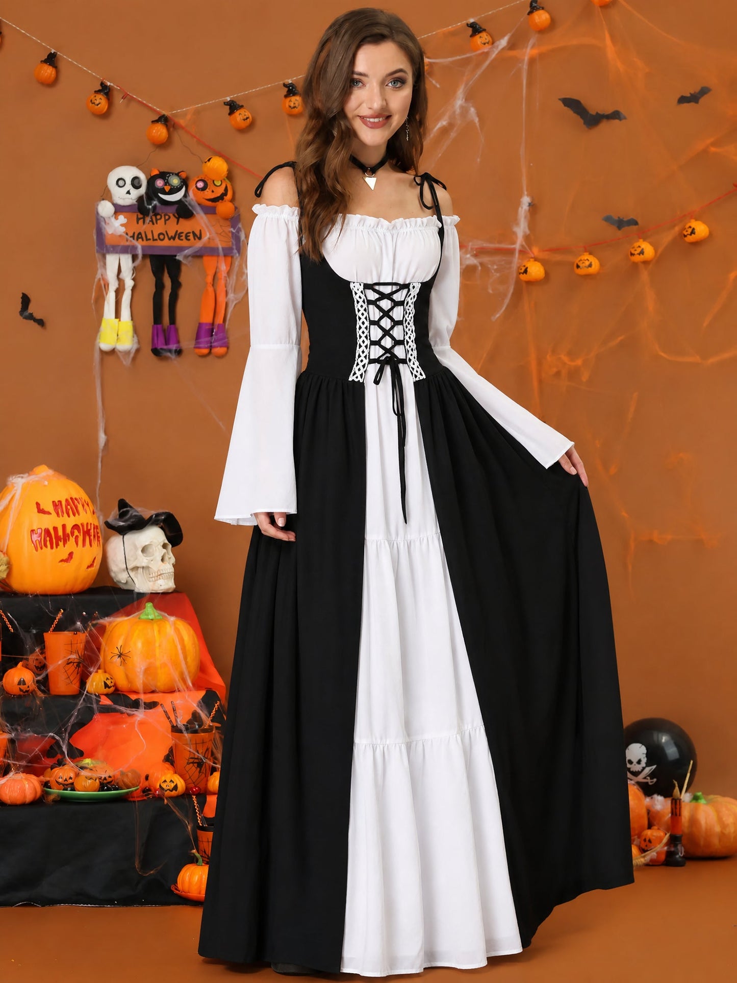 Halloween Costume Colorblock Retro Renaissance Dress