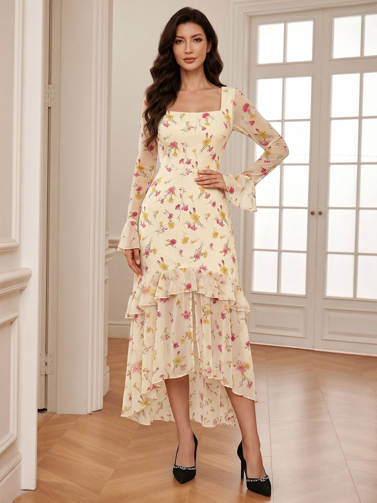 Leopard Floral Ruffled Long Sleeves Slit Midi Dress