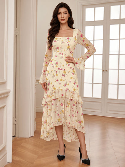 Leopard Floral Ruffled Long Sleeves Slit Midi Dress