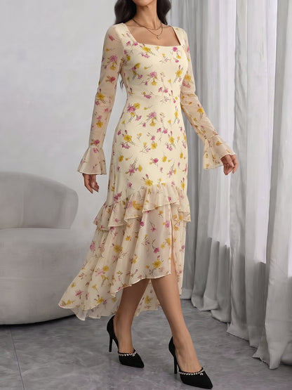Leopard Floral Ruffled Long Sleeves Slit Midi Dress