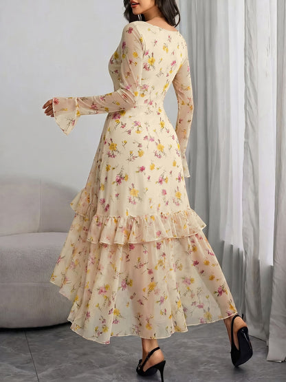 Leopard Floral Ruffled Long Sleeves Slit Midi Dress