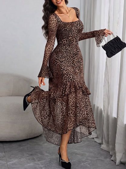 Leopard Floral Ruffled Long Sleeves Slit Midi Dress