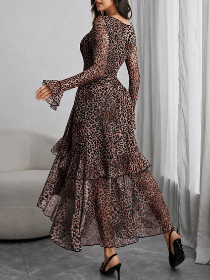 Leopard Floral Ruffled Long Sleeves Slit Midi Dress