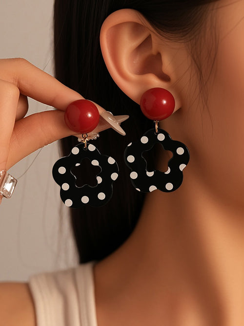 Flower Shape Polka Dots Colorblock Earrings