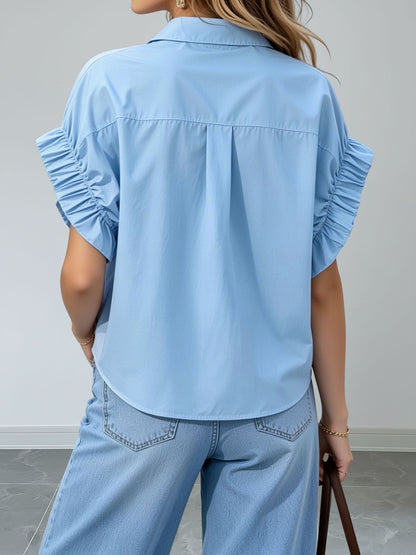 Loose-Fitting Gathered Short Sleeves Turn-Down Collar Blouse