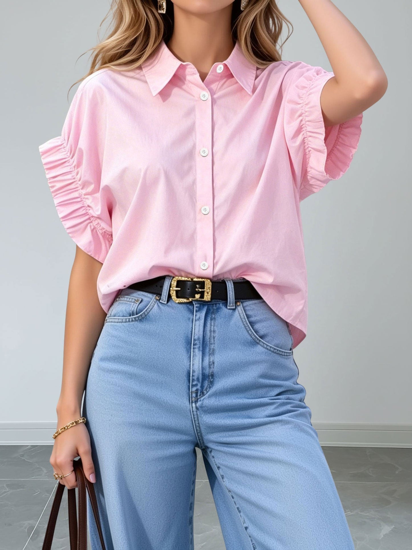 Loose-Fitting Gathered Short Sleeves Turn-Down Collar Blouse