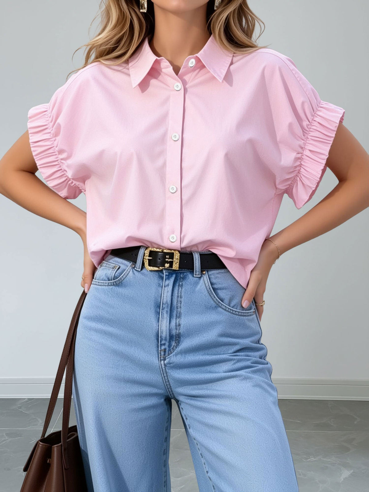Loose-Fitting Gathered Short Sleeves Turn-Down Collar Blouse