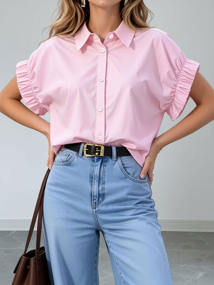 Loose-Fitting Gathered Short Sleeves Turn-Down Collar Blouse