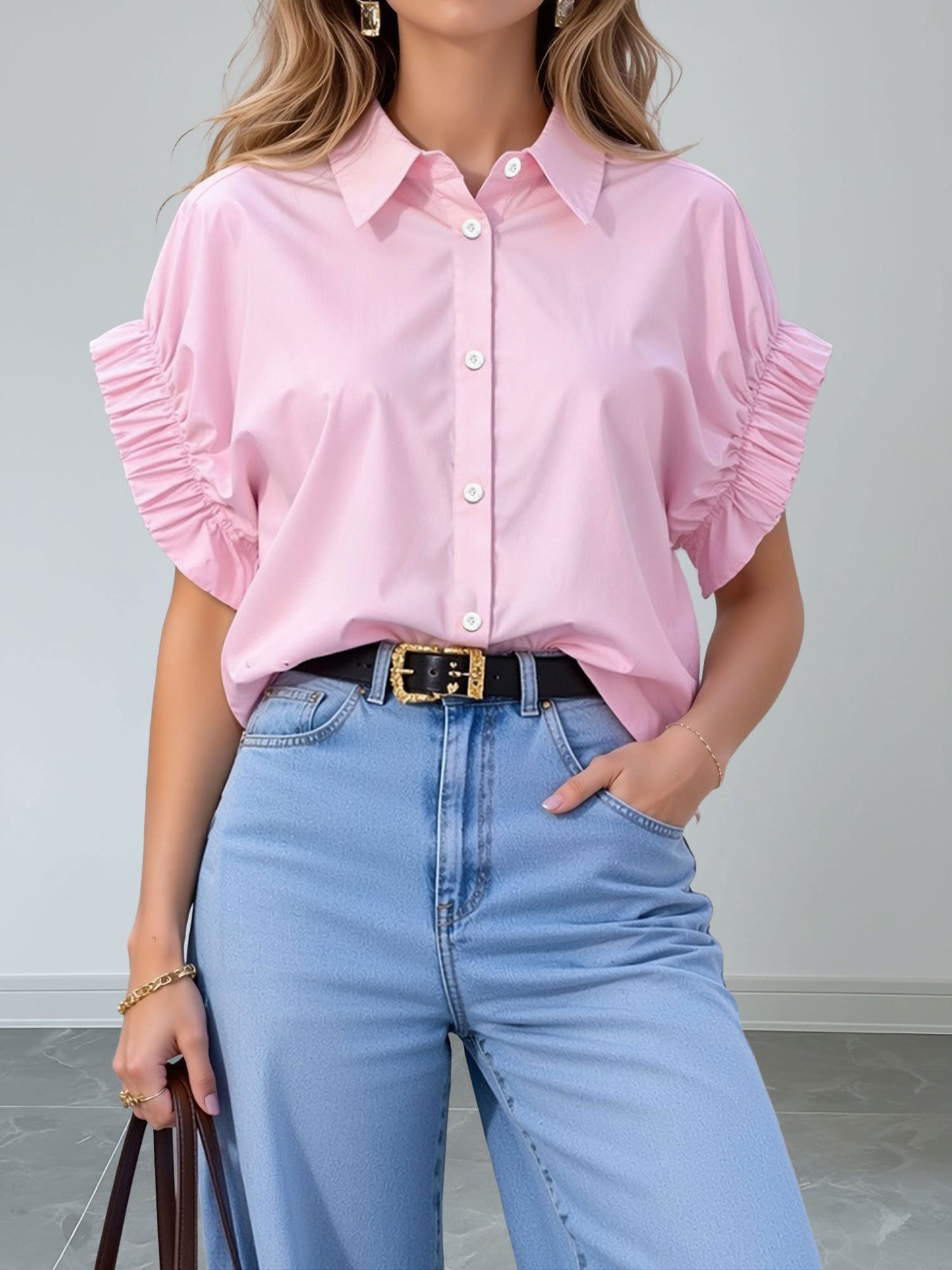 Loose-Fitting Gathered Short Sleeves Turn-Down Collar Blouse