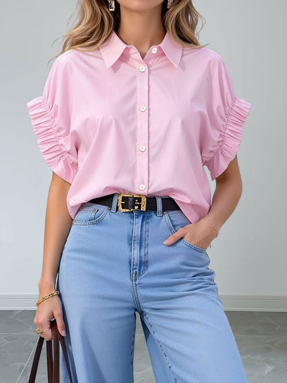 Loose-Fitting Gathered Short Sleeves Turn-Down Collar Blouse