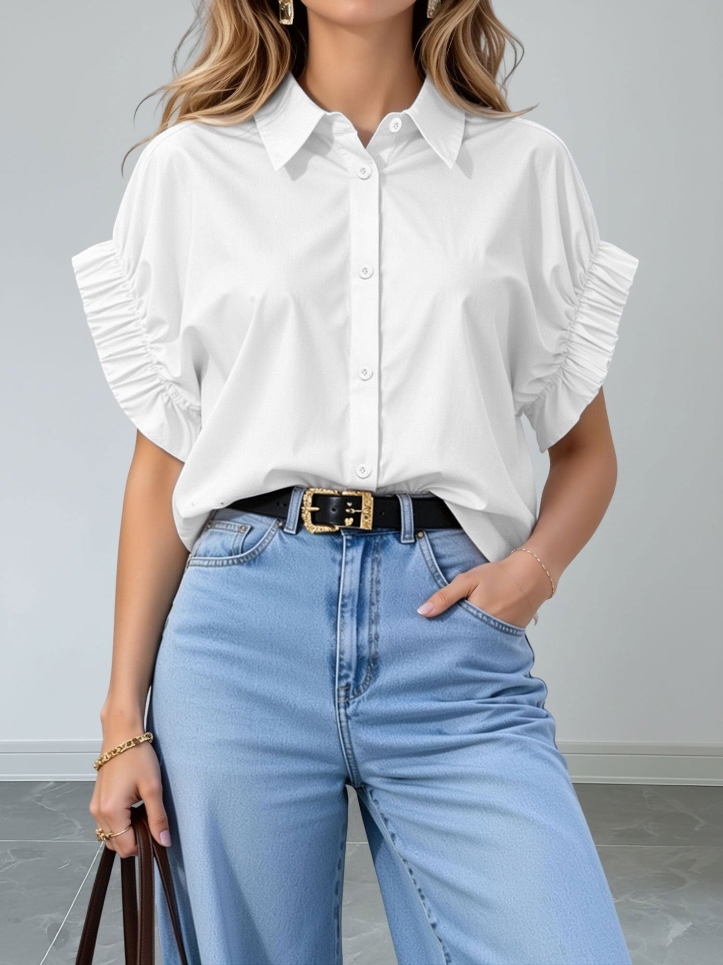 Loose-Fitting Gathered Short Sleeves Turn-Down Collar Blouse