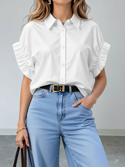 Loose-Fitting Gathered Short Sleeves Turn-Down Collar Blouse