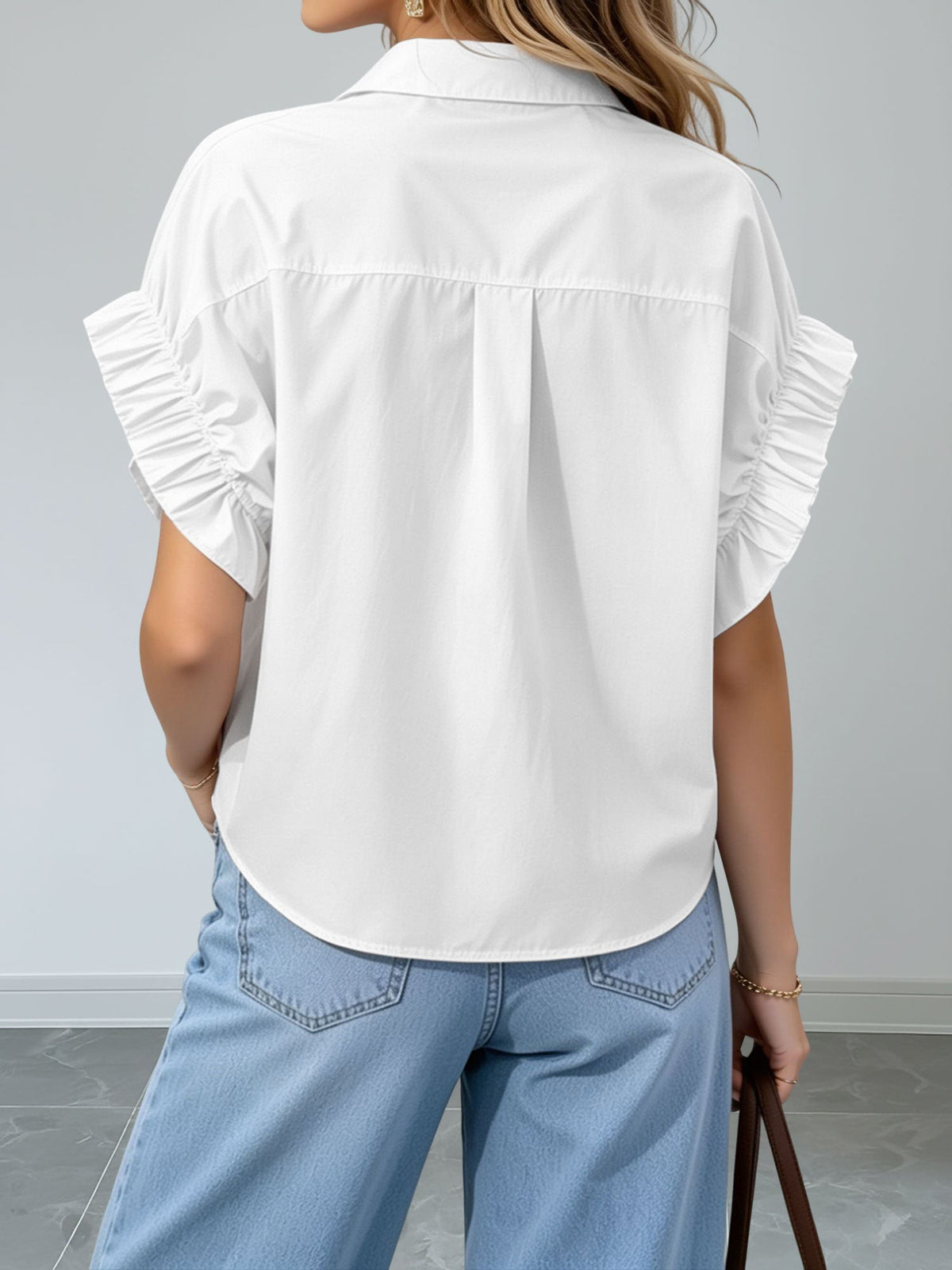 Loose-Fitting Gathered Short Sleeves Turn-Down Collar Blouse