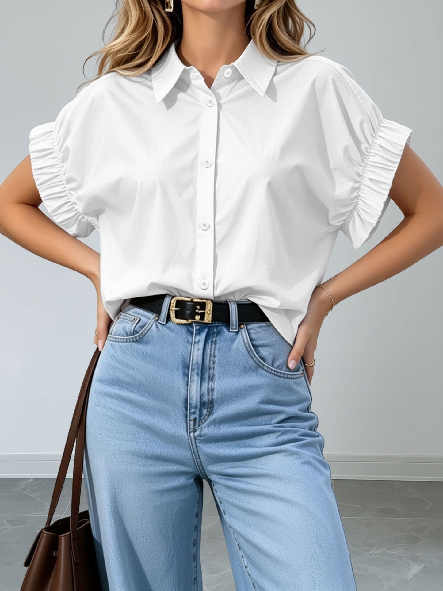 Loose-Fitting Gathered Short Sleeves Turn-Down Collar Blouse