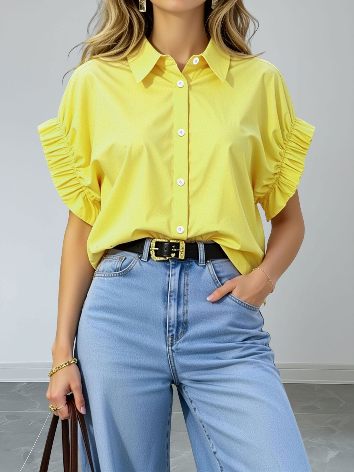 Loose-Fitting Gathered Short Sleeves Turn-Down Collar Blouse