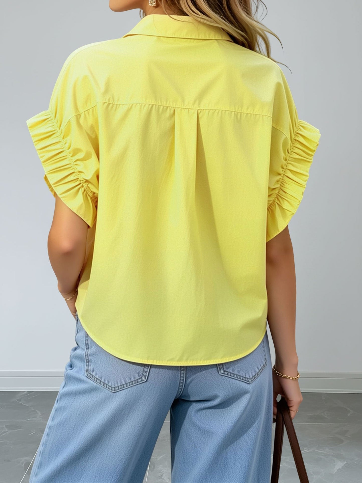 Loose-Fitting Gathered Short Sleeves Turn-Down Collar Blouse