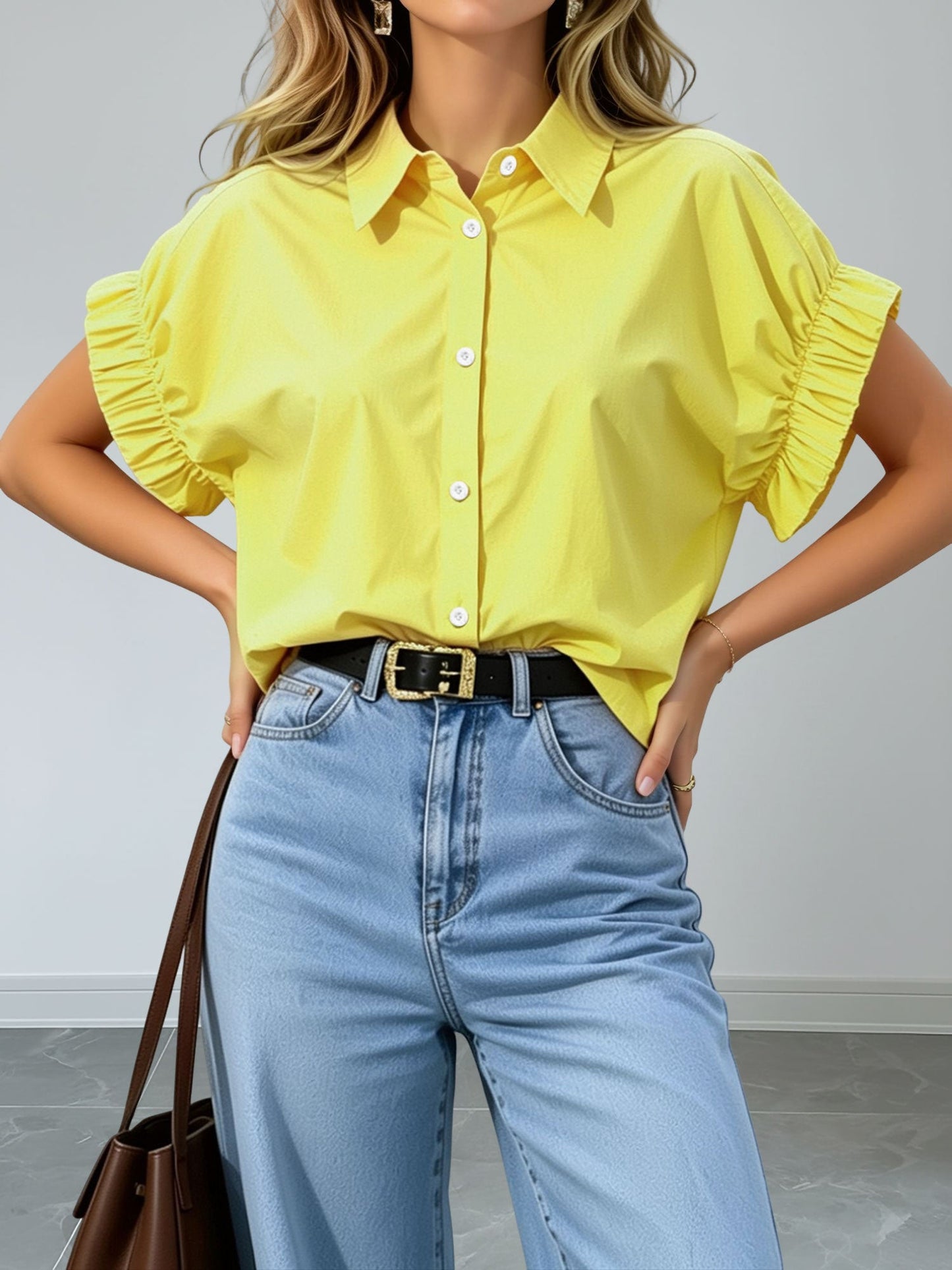 Loose-Fitting Gathered Short Sleeves Turn-Down Collar Blouse