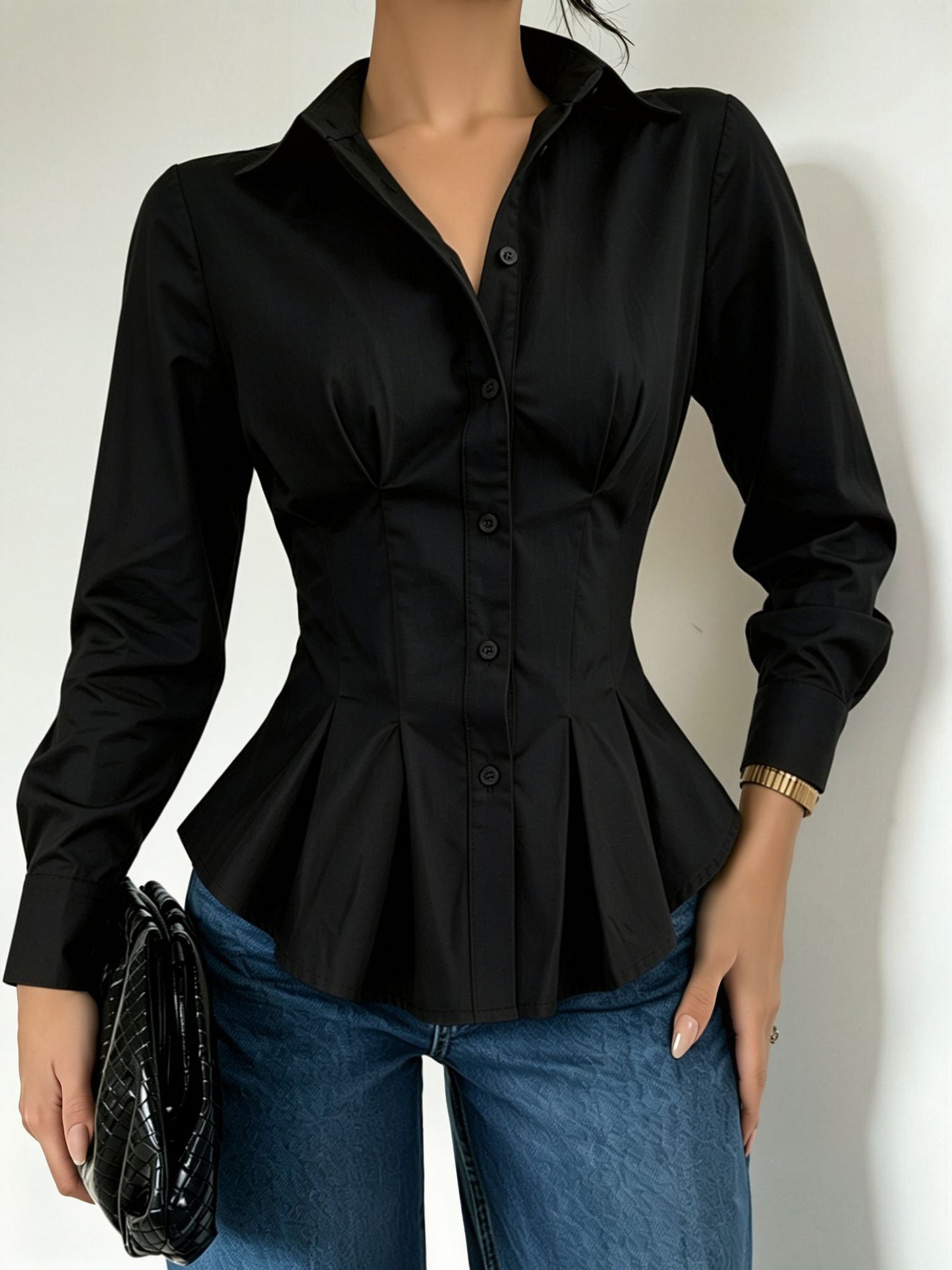 Collared Long Sleeves Cinched Waist Pleated Blouse