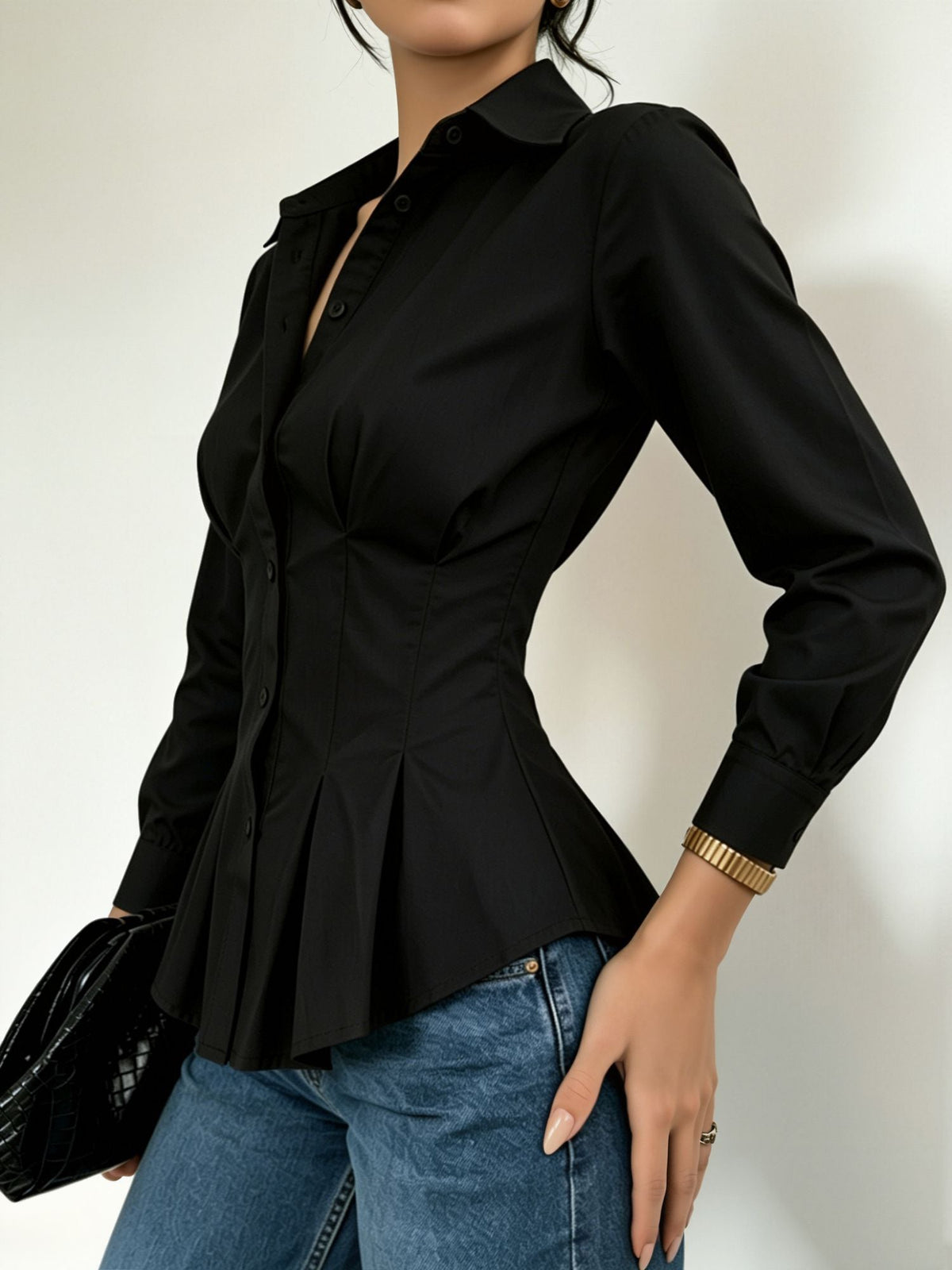 Collared Long Sleeves Cinched Waist Pleated Blouse