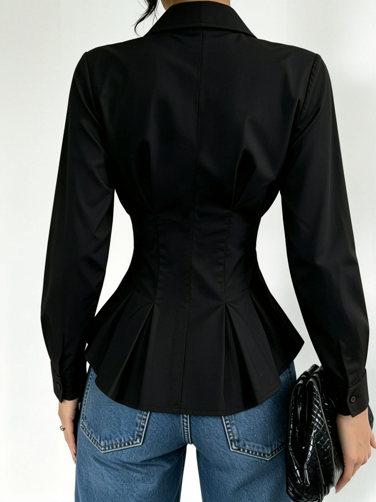 Collared Long Sleeves Cinched Waist Pleated Blouse