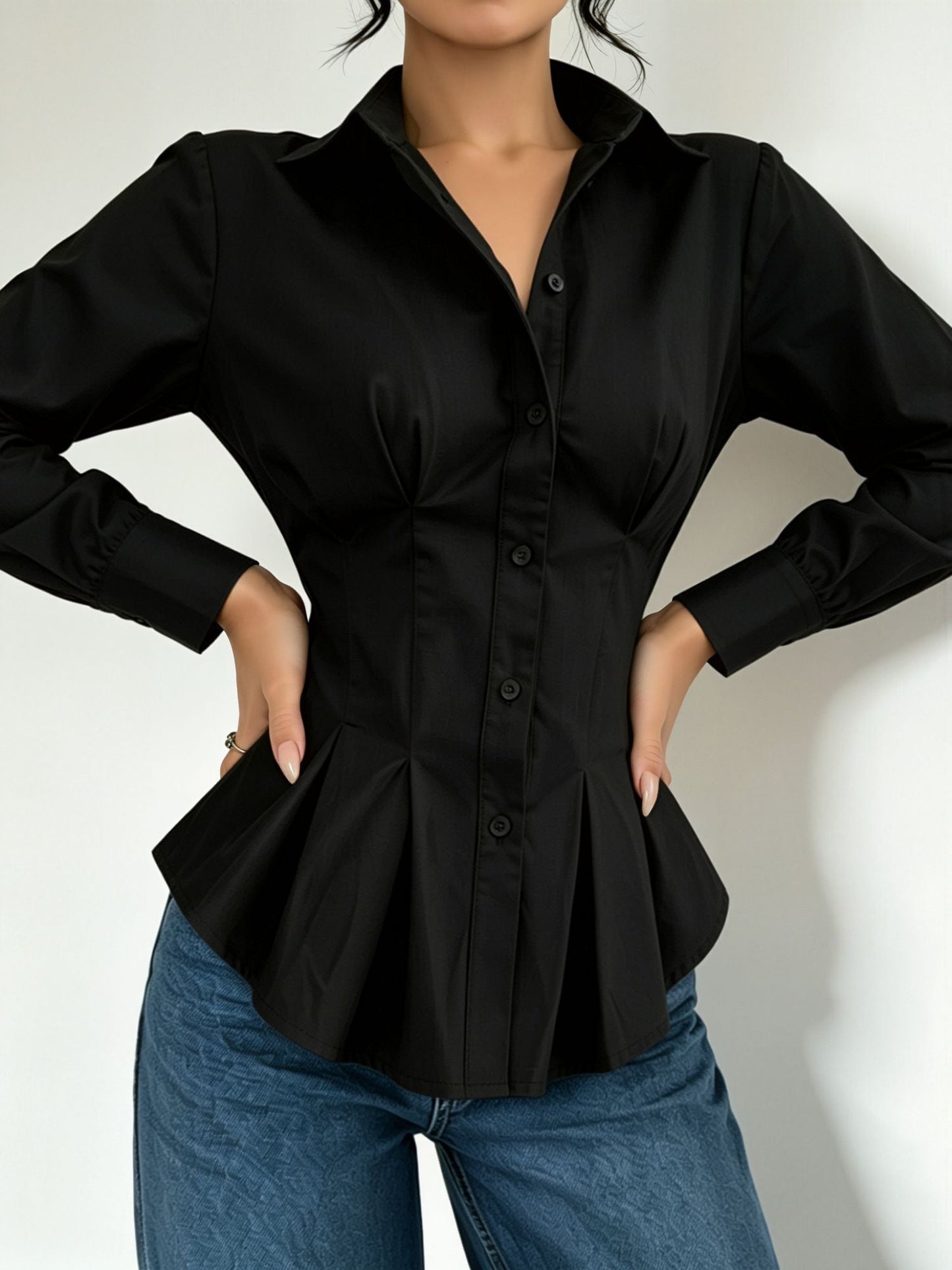 Collared Long Sleeves Cinched Waist Pleated Blouse