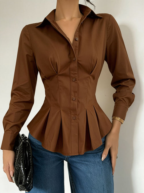 Collared Long Sleeves Cinched Waist Pleated Blouse