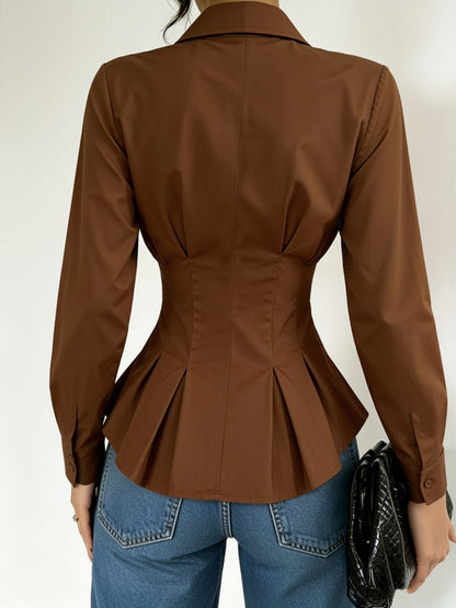 Collared Long Sleeves Cinched Waist Pleated Blouse