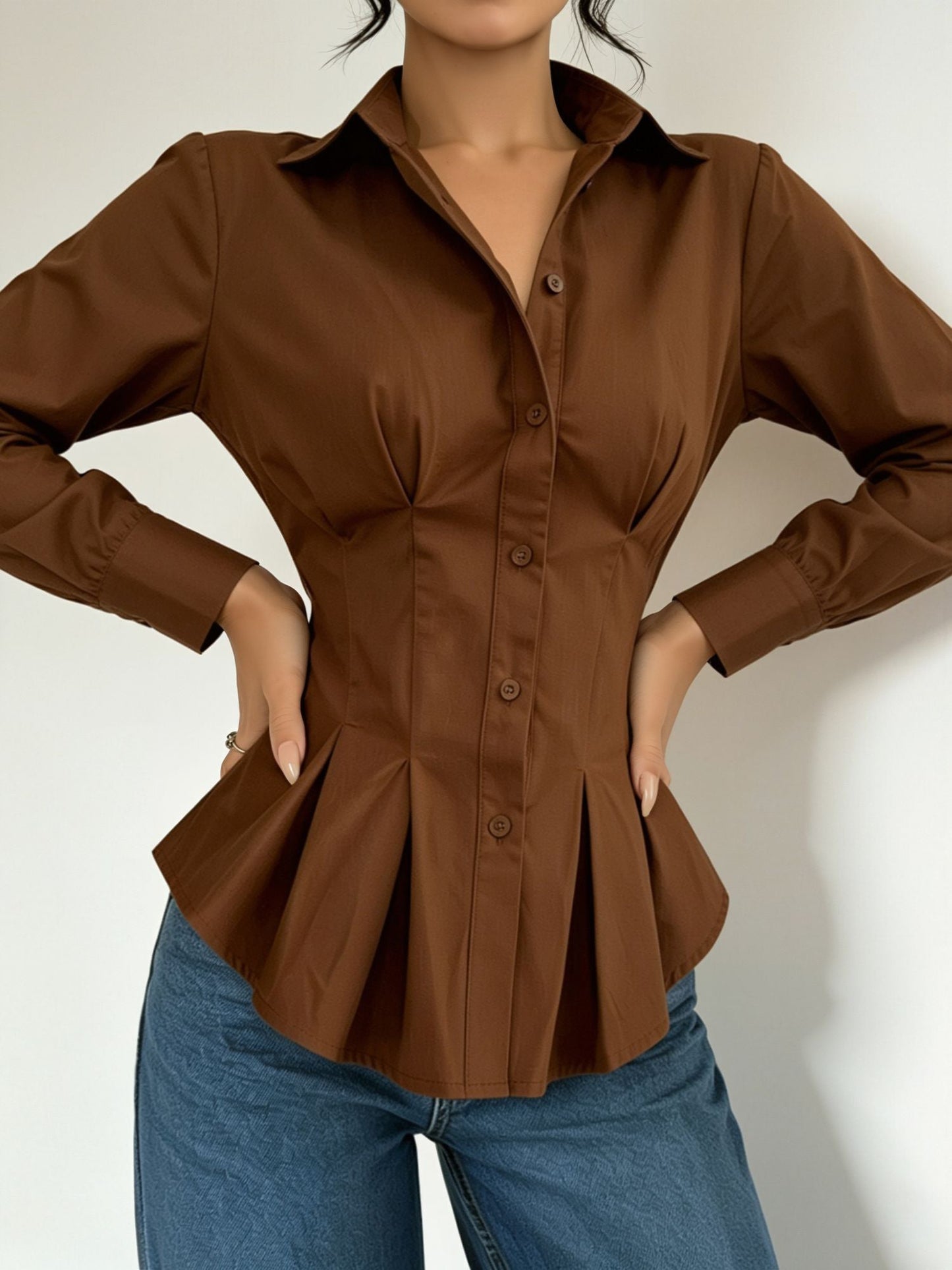 Collared Long Sleeves Cinched Waist Pleated Blouse