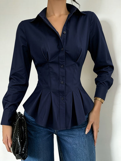 Collared Long Sleeves Cinched Waist Pleated Blouse