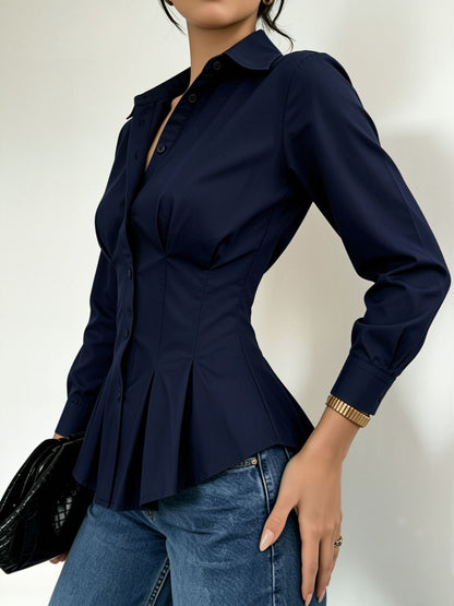 Collared Long Sleeves Cinched Waist Pleated Blouse