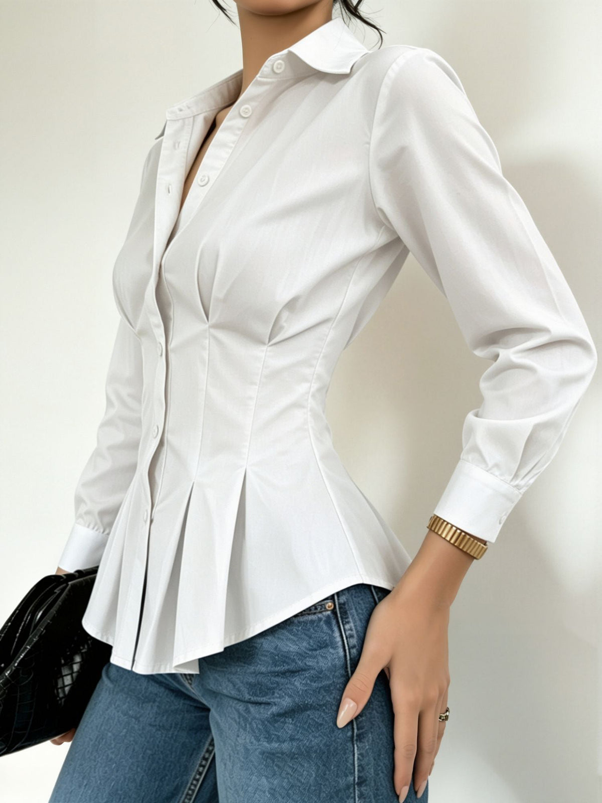 Collared Long Sleeves Cinched Waist Pleated Blouse