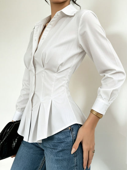 Collared Long Sleeves Cinched Waist Pleated Blouse