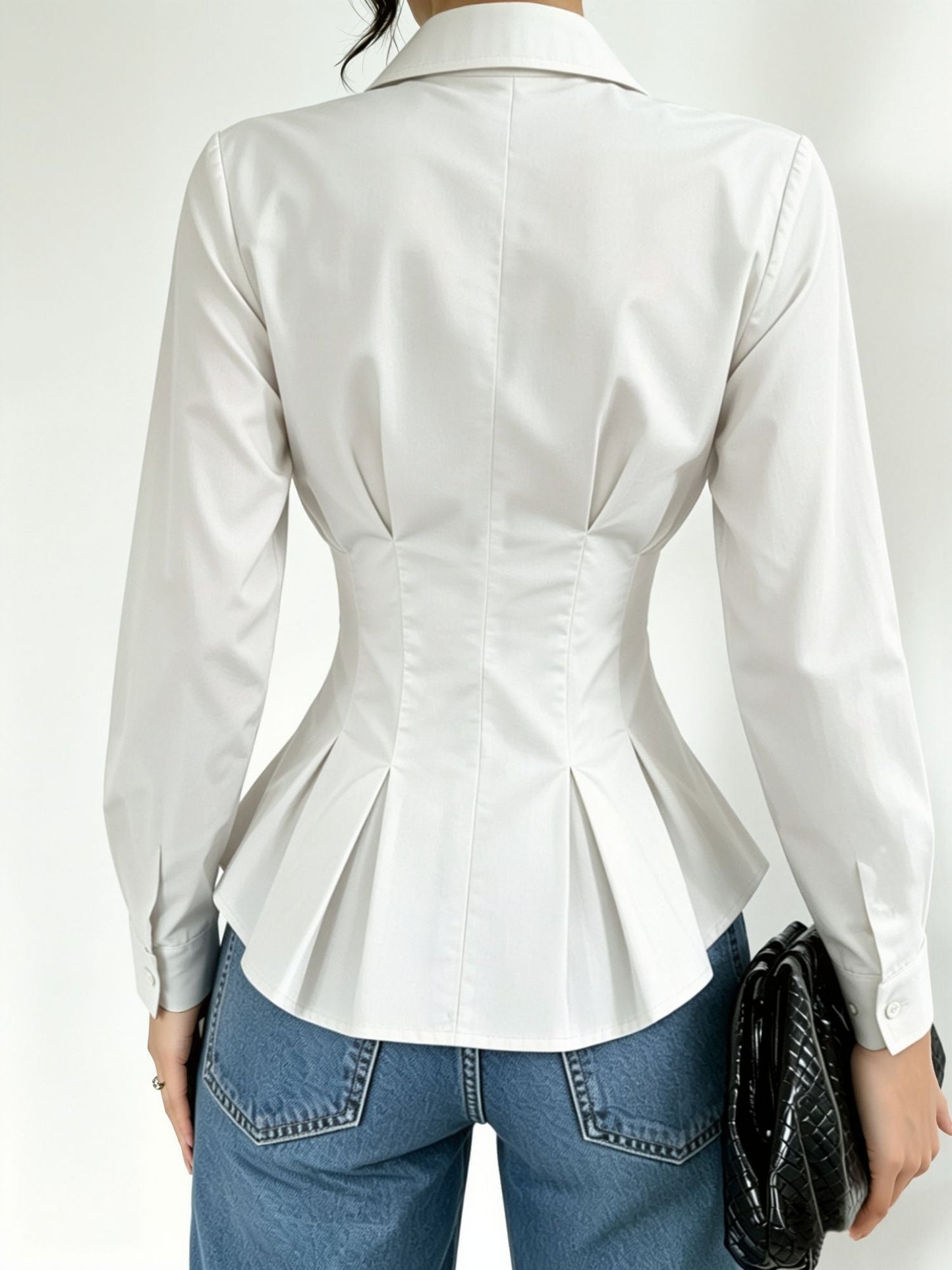 Collared Long Sleeves Cinched Waist Pleated Blouse