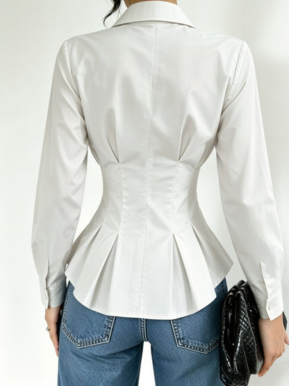 Collared Long Sleeves Cinched Waist Pleated Blouse