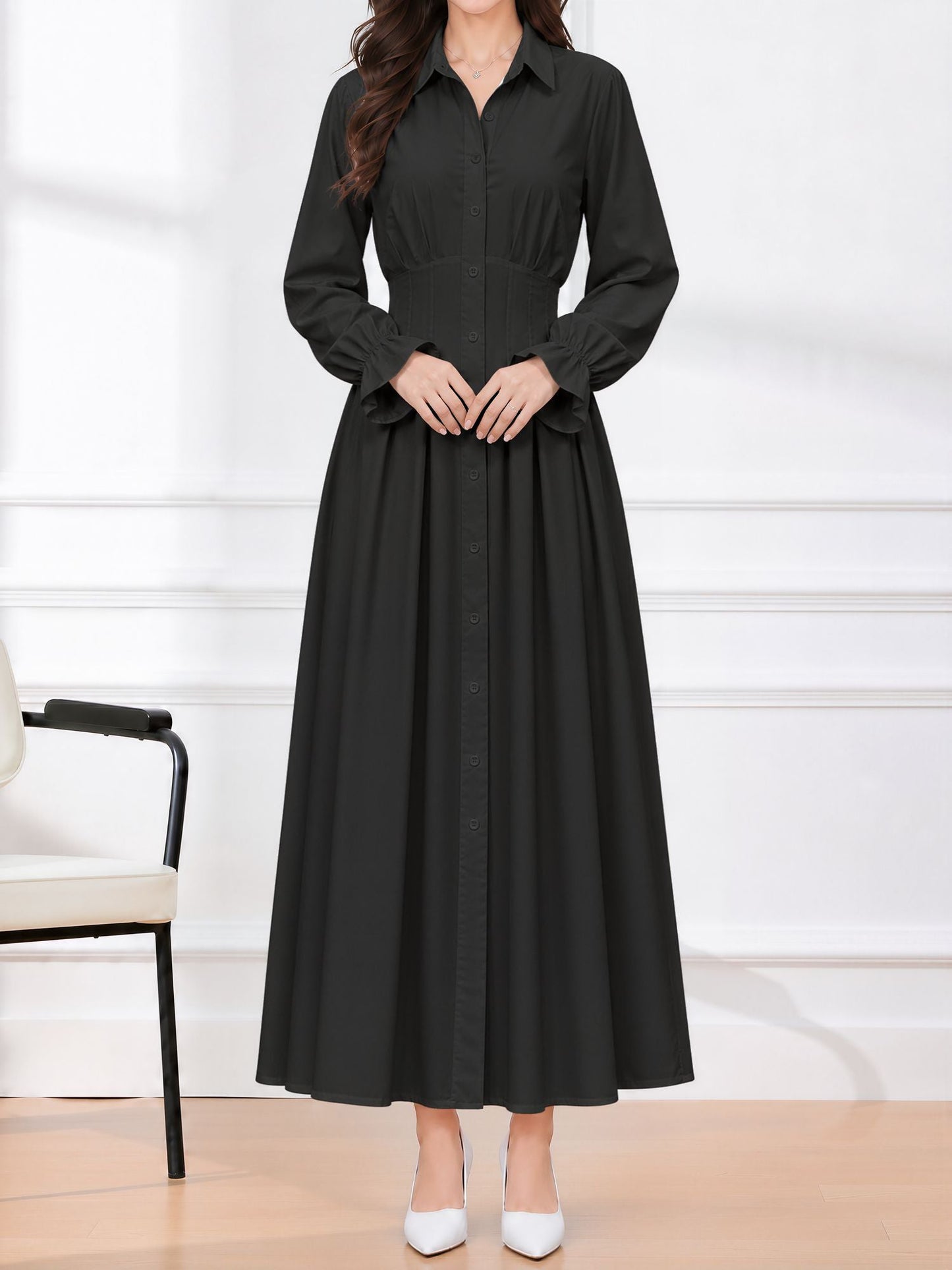 Long Sleeve Pleated Waist-Cinching Shirt Dress