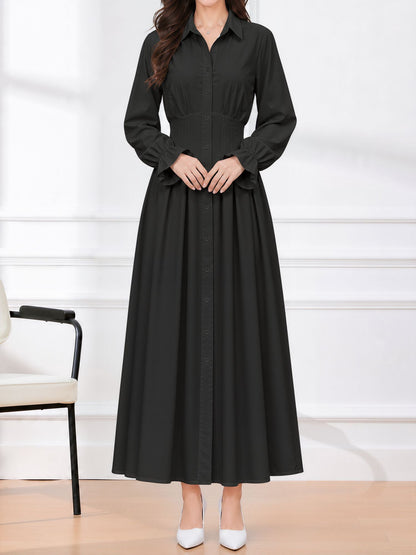 Long Sleeve Pleated Waist-Cinching Shirt Dress