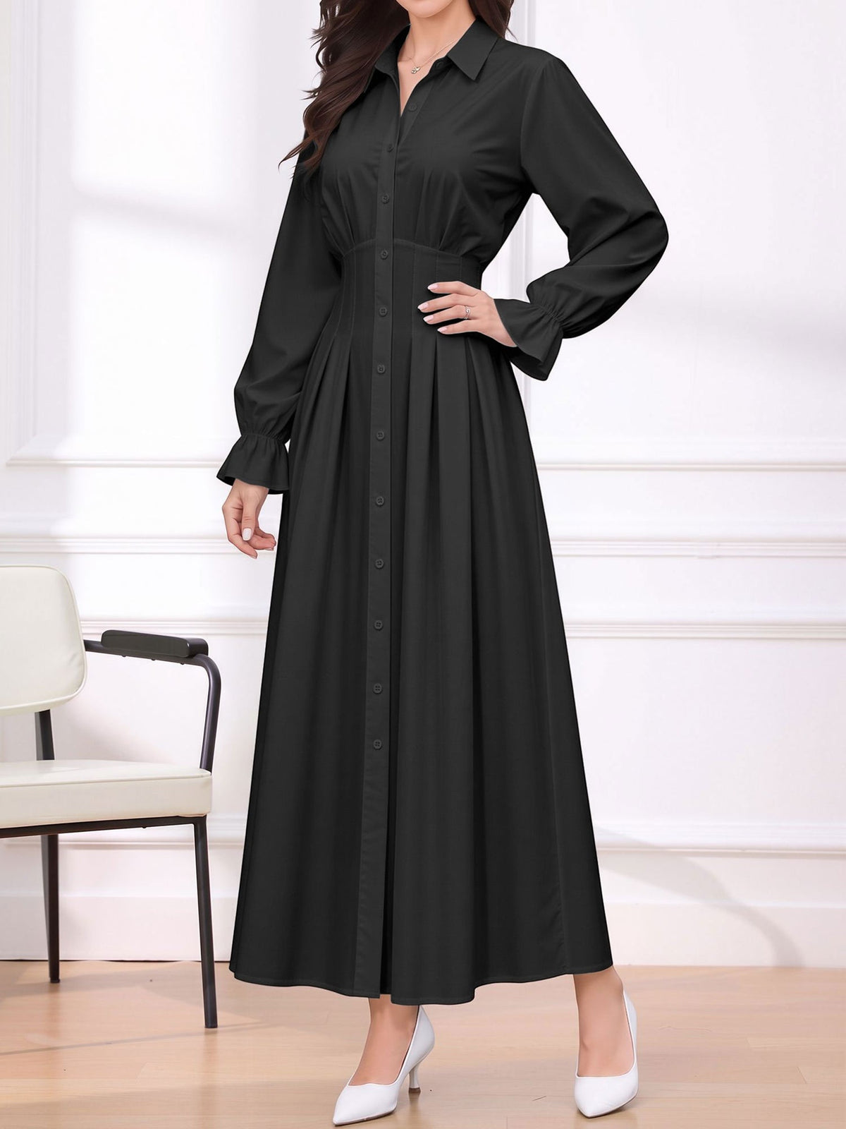 Long Sleeve Pleated Waist-Cinching Shirt Dress