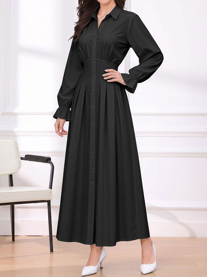 Long Sleeve Pleated Waist-Cinching Shirt Dress