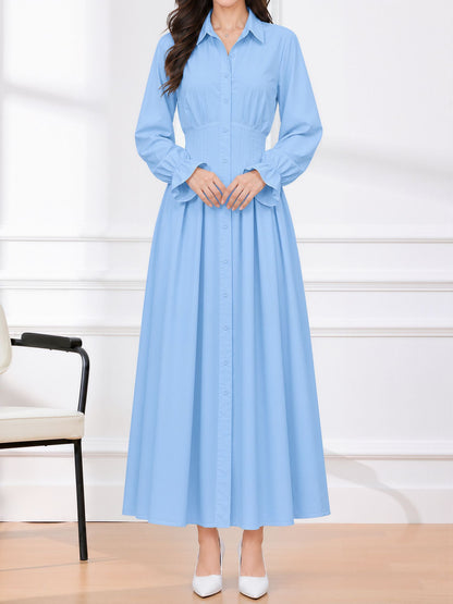 Long Sleeve Pleated Waist-Cinching Shirt Dress