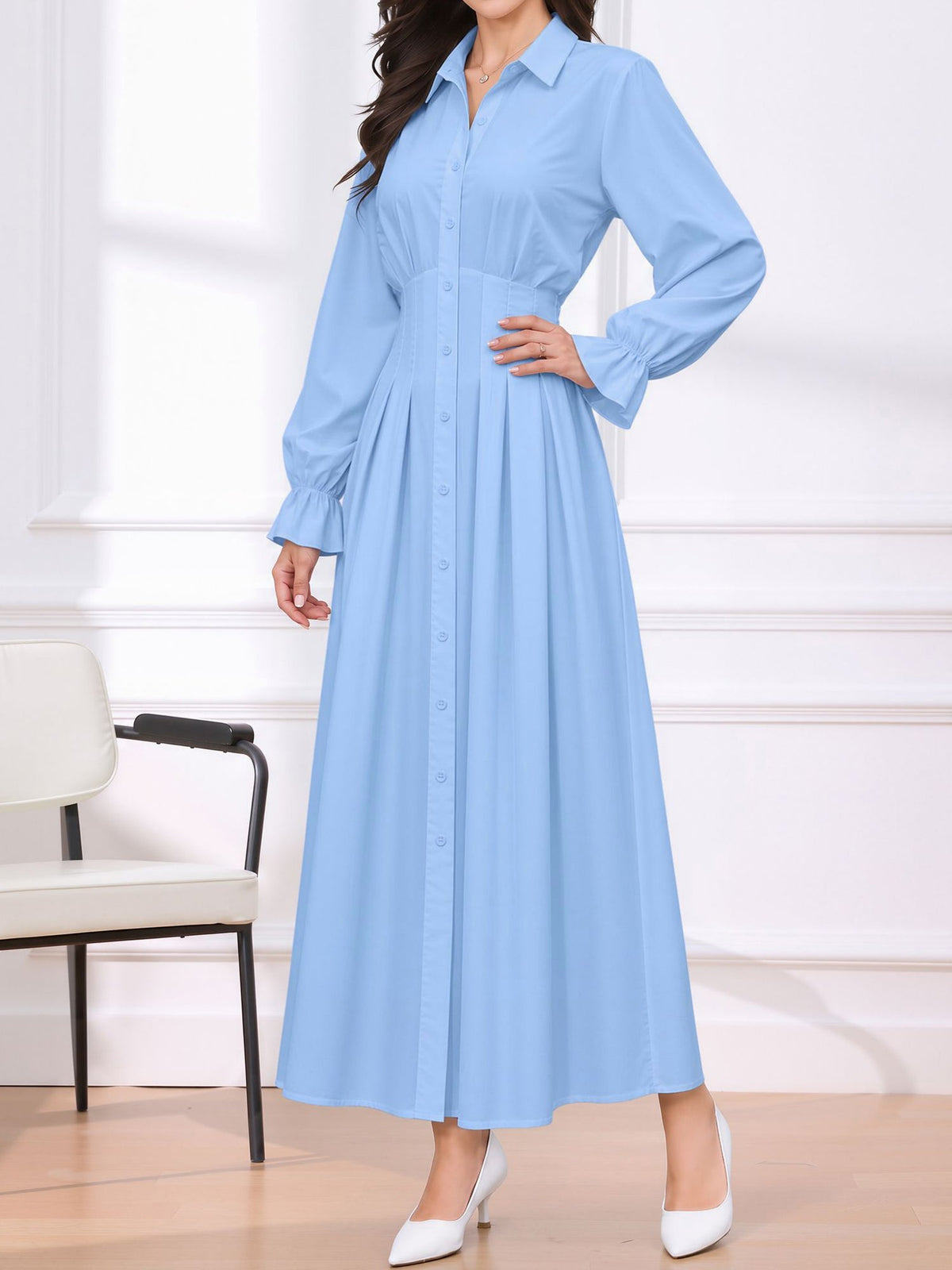 Long Sleeve Pleated Waist-Cinching Shirt Dress