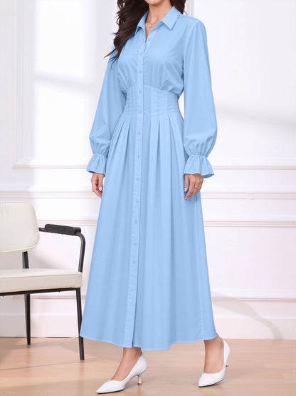 Long Sleeve Pleated Waist-Cinching Shirt Dress