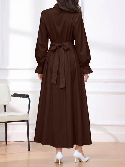 Long Sleeve Pleated Waist-Cinching Shirt Dress