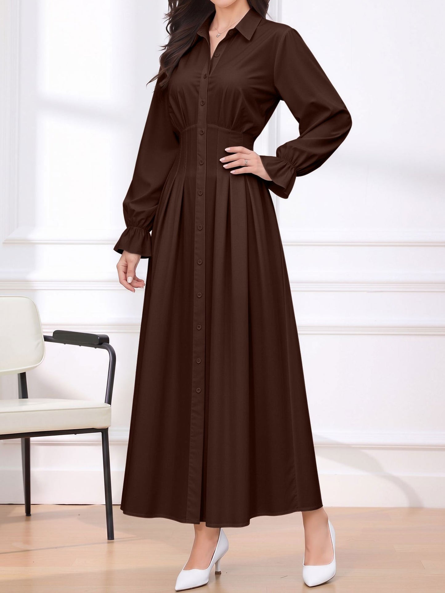 Long Sleeve Pleated Waist-Cinching Shirt Dress