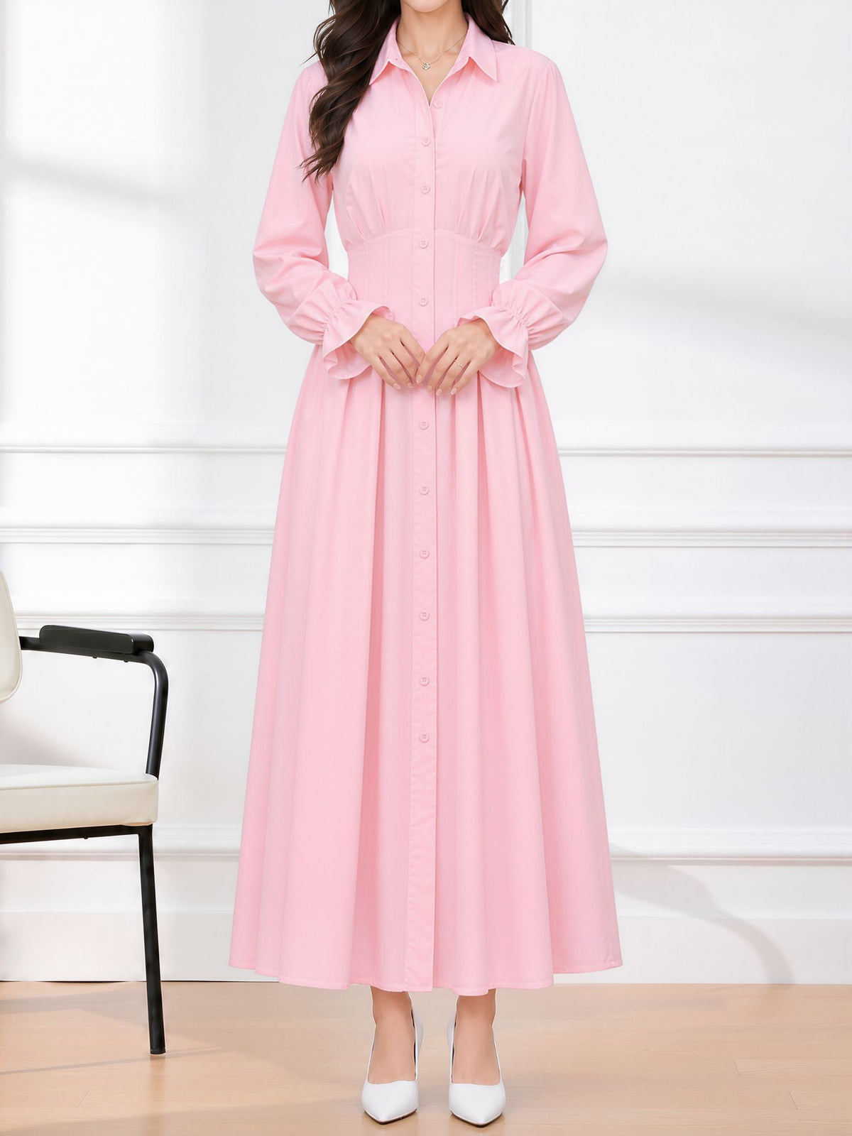 Long Sleeve Pleated Waist-Cinching Shirt Dress