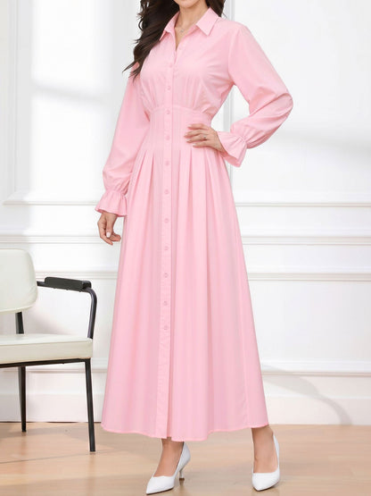Long Sleeve Pleated Waist-Cinching Shirt Dress