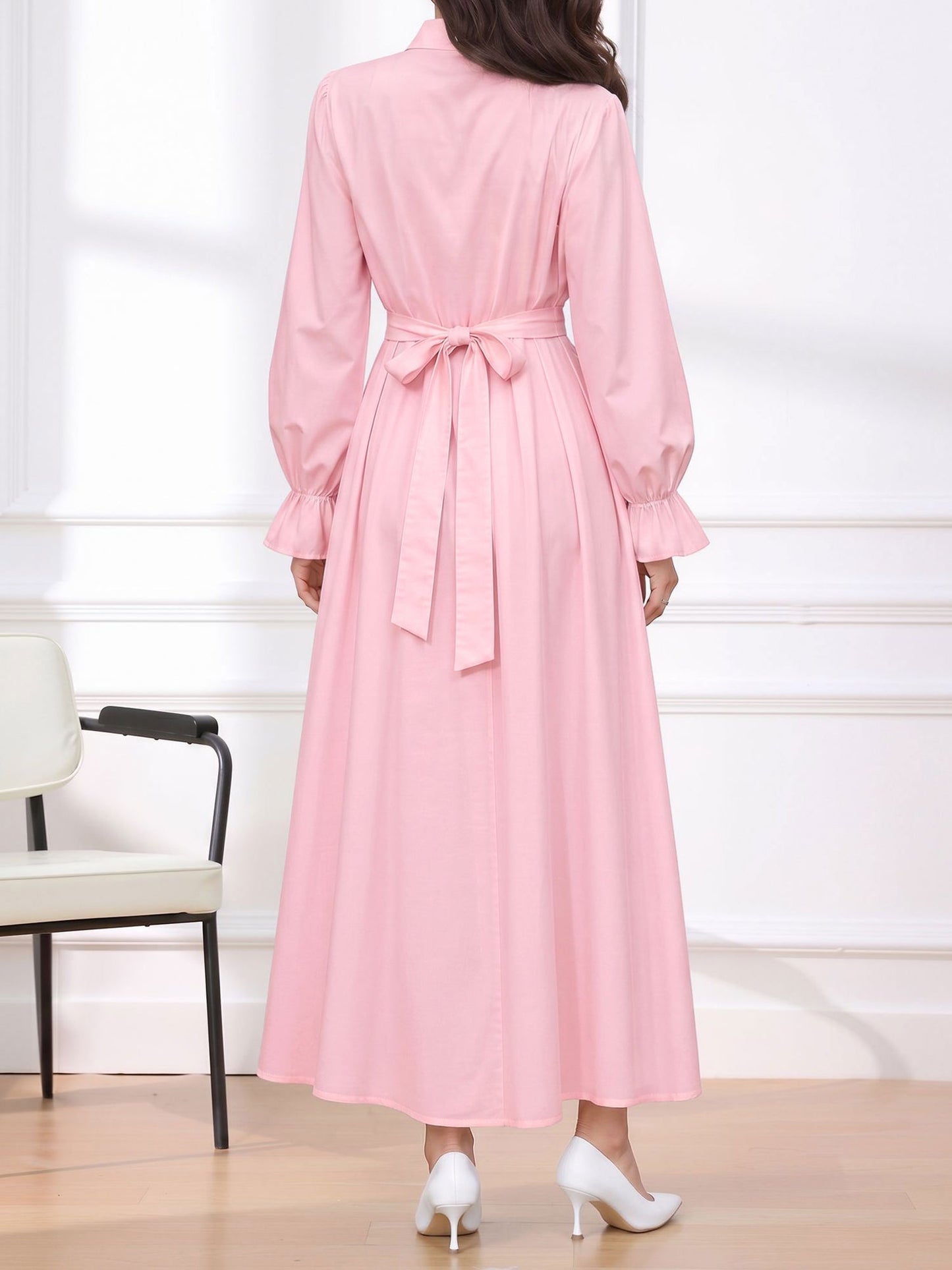 Long Sleeve Pleated Waist-Cinching Shirt Dress