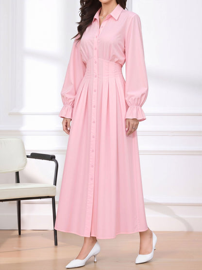Long Sleeve Pleated Waist-Cinching Shirt Dress