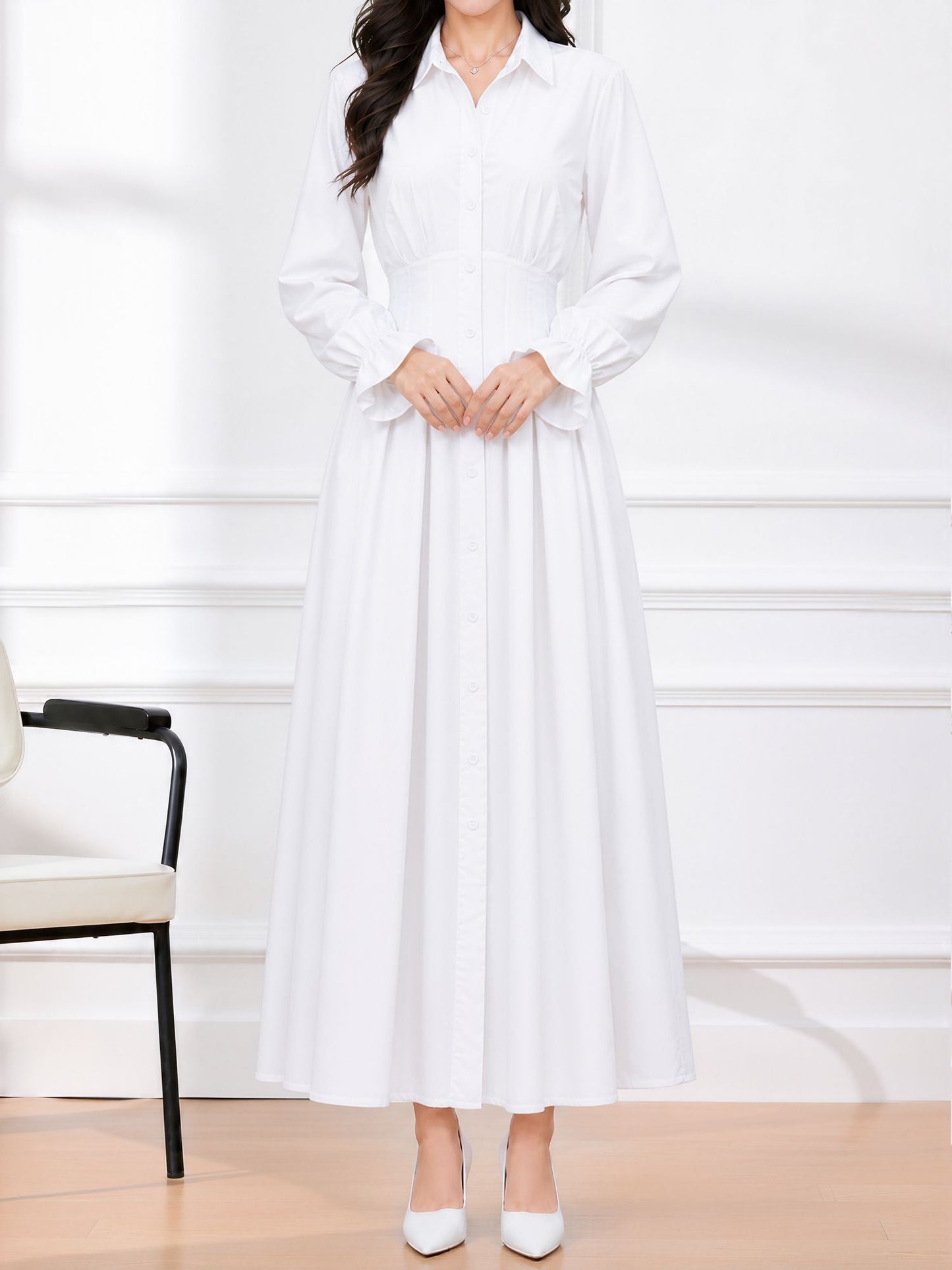 Long Sleeve Pleated Waist-Cinching Shirt Dress