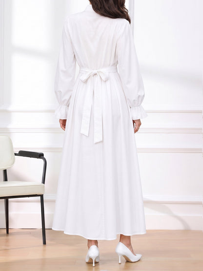 Long Sleeve Pleated Waist-Cinching Shirt Dress